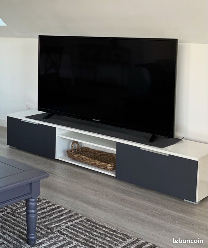 Long Meuble TV en bois blanc et gris foncé anthracite. 2 grands tiroirs (image 1)