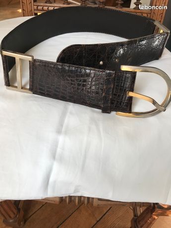 Ceinture En Cuir Crocodile Véritable Vintage Années 80 - Taille 70cm Marron - Occasion TB