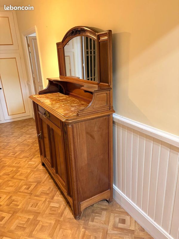 Buffet desserte Art Nouveau — bois sculpté, marbre, miroir — vers 1900 (image 5)