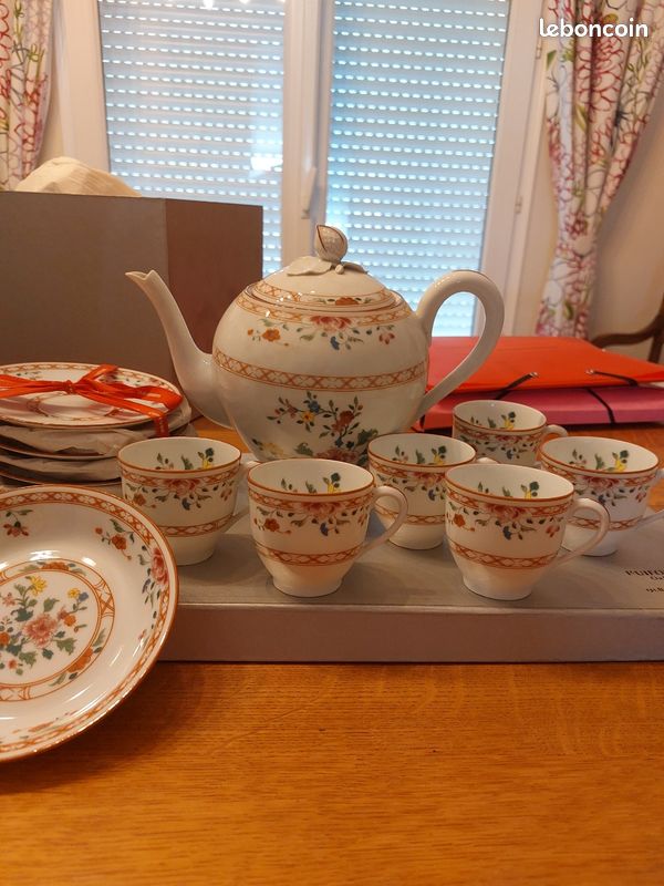 Service à Café PUIFORCAT fabricé et décoré à Limoges Kai Fung chine 18eme siècle made in France 1 cafetière 6 tasses et sous tasses et 1 coupelle (image 1)