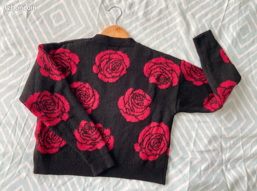 Pull Tunique Rose à Motifs Noirs – Taille L – Marque Denim – Occasion Très Bon état