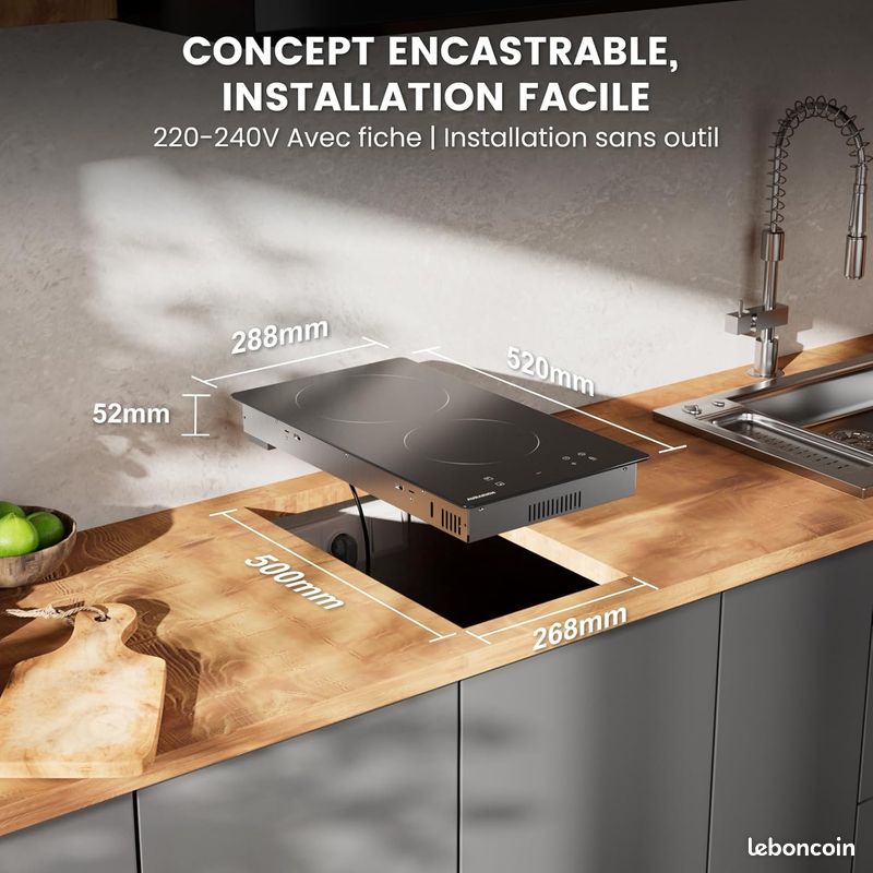 Plaque De Cuisson Vitrocéramique 2 Feux 3000W - Table De Cuisson Electrique Encastrable 9 Réglages, Commandes Tactiles, Minuterie Et Fonction Pause