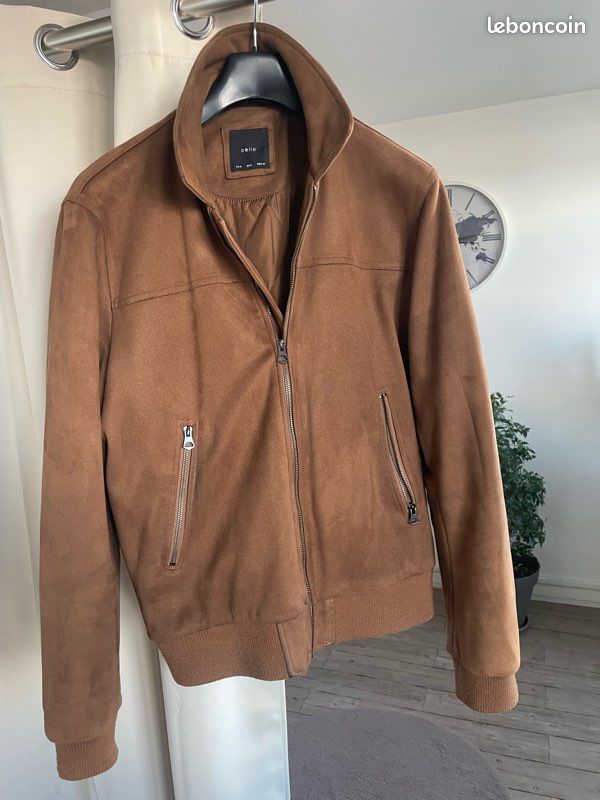 Blazer Homme Celio En Cuir Daim Véritable - Couleur Sable, Taille XXL, Vintage