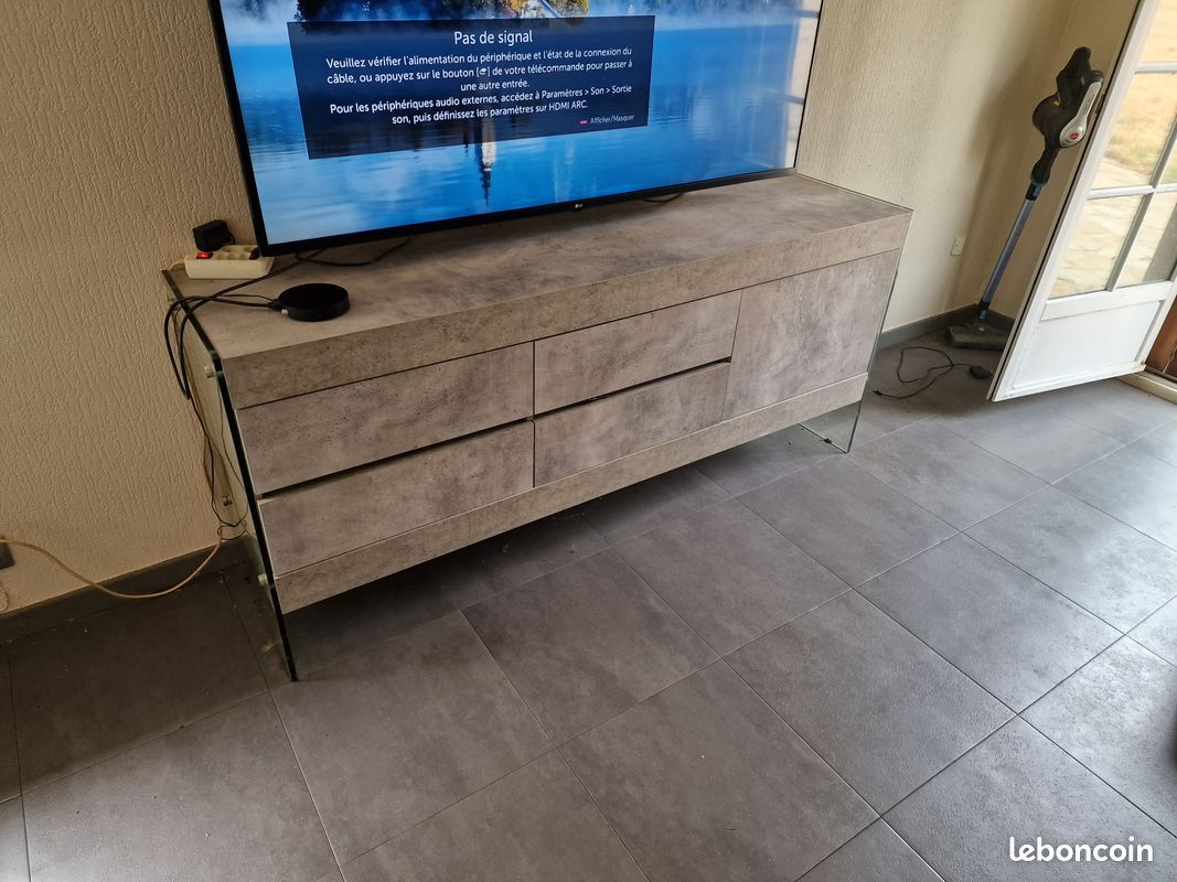 Meuble TV imitation béton/verre (image 1)