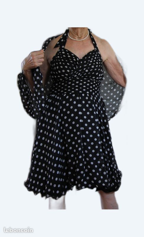 Robe Pin-up Rockabilly Noire à Pois - Style Crinoline, Longueur Genoux, Occasion Très Bon état
