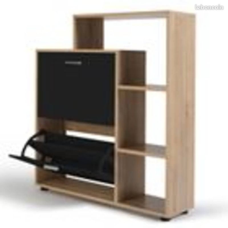 Meuble Rangement Chaussure 2 Rangements Plusieurs Etagères Design Industriel Beige Noir (image 1)