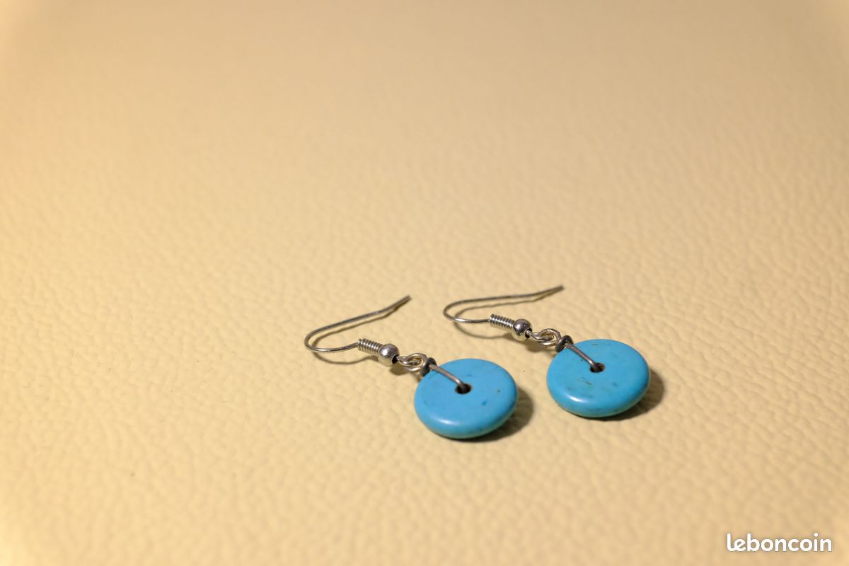 Boucles D'oreilles Pendantes Turquoise - Pierre Ovale Verte - Plaqué Argent Sans Nickel - Fait Main En Inde