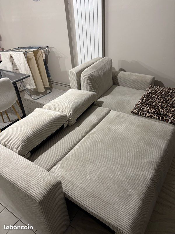 Canapé d'angle réversible convertible MILO 3 places Velours côtelé Beige avec coffre de rangement (image 5)