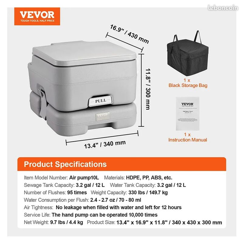Toilettes portables pour le camping avec sac de transport, toilettes pour camping-car avec réservoir à déchets de 12 litres, chasse d’eau sous pression par bouton-poussoir (image 2)