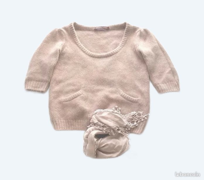 Pull en maille Angora & cachemire & laine couleur beige & rose - Taille M (image 16)