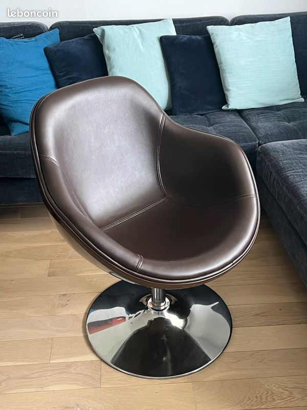 Fauteuil design similicuir marron et chrome - rotatif 360 (image 1)