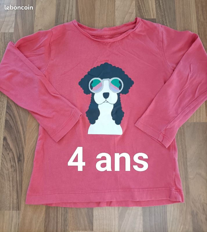 T-shirt Manches Longues Fille John Lewis, 7 Ans, Rouge Imprimé Chien, Coton, Excellent état