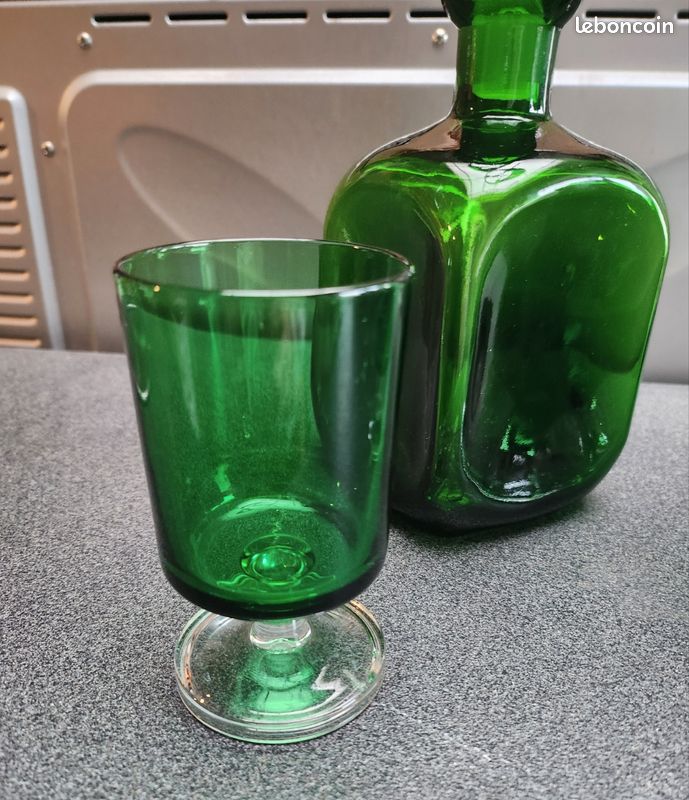 Ancienne Carafe En Verre Vert Vintage Avec 4 Verres à Shot – Set Barware Authentique