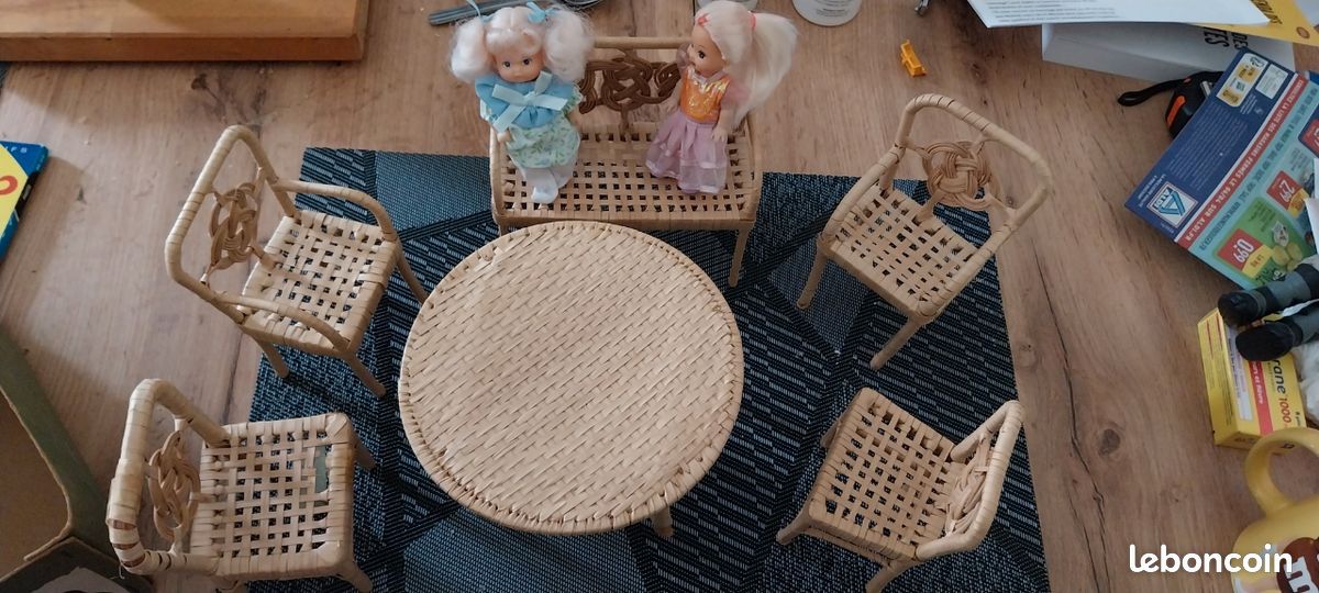 SALON DE JARDIN miniature en osier.Mobilier poupées ancien.Début XX