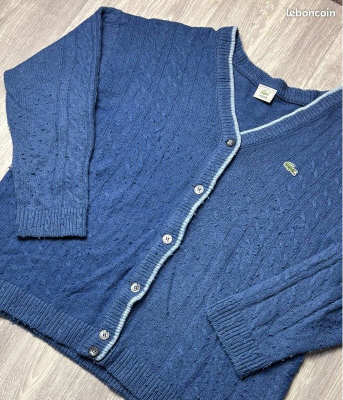 Cardigan Gilet Femme Lacoste Bleu Vintage Taille XL Logo Brodé (image 2)