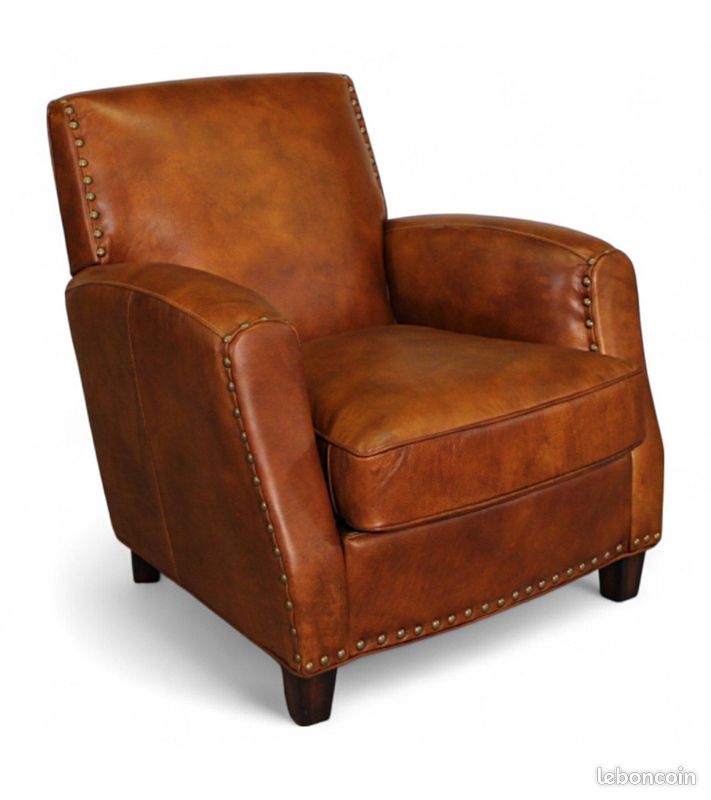 Fauteuil club cuir pleine fleur marron vieilli clouté – Henri (image 3)