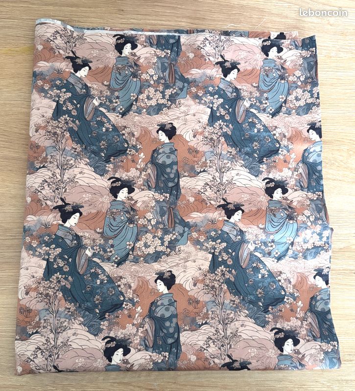 Tissu Coton Chute Scrap Coupon Geisha Femma Fleur Motif Traditionnel Japonais Beige Gris (image 1)