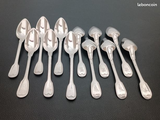 Lot De 12 Cuillères à Café Guildart - Métal Argenté, Modèle Perles, état Correct