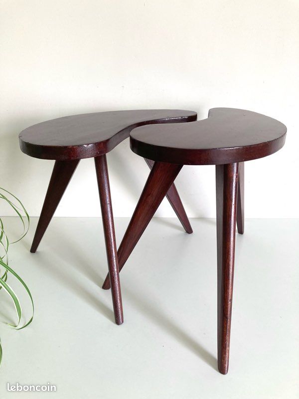 Table d’appoint Tabouret sellette bout de canapé tripode haricot pieds compas bois massif scandinave Mid Century / Vintage 50-60 (image 1)