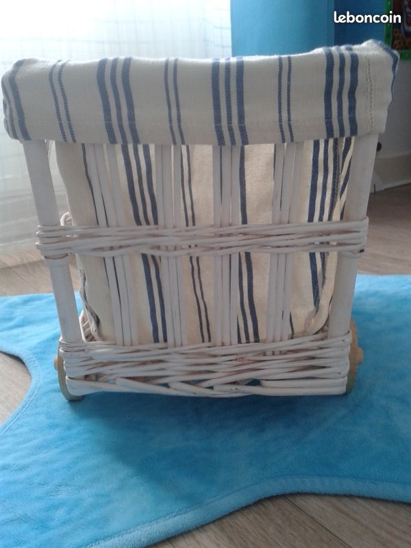 Jlv : Chariot sur Roulettes Bois en Rotin Blanc et Tissu (image 4)