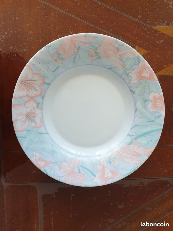 6 Assiettes neuves creuses et rondes + 1 grand plat rond en porcelaine Arcopal motifs fleurs et oiseaux (image 1)