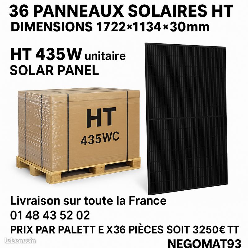 đŠ Lot de 36 Panneaux Solaires Neufs 435Wc â Marque HT â FULL BLACK â Livraison France entiĂšreâ â«ââȘââââ«â«ââȘâââ â (image 1)
