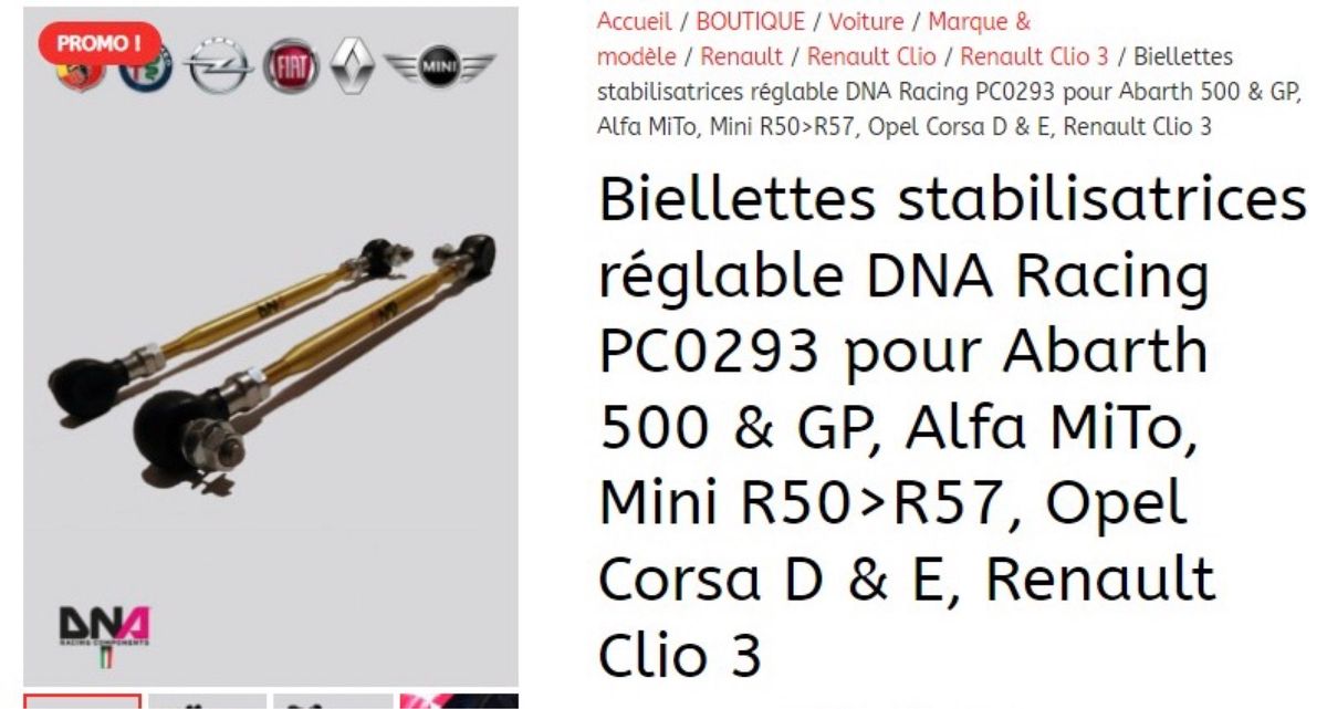 Biellettes stabilisatrices réglable DNA Racing PC0293 pour Abarth 500 & GP,  Alfa MiTo, Mini R50>R57, Opel Corsa D & E, Renault Clio 3