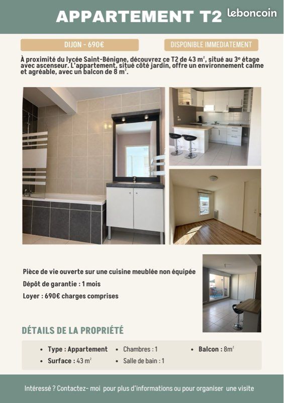 Appartement 2 pièces 43 m² · à Dijon · 43 m² · 690 €/mois