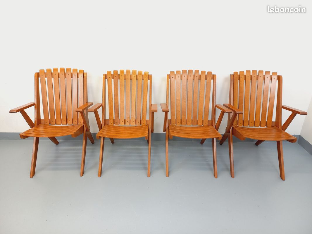 Suite de 4 fauteuils de jardin vintage en bois de hêtre des années 60 (image 2)