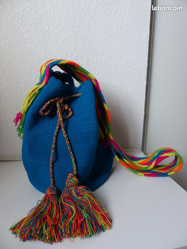 Sac Wayuu Mochila Colombien 100% Crochet - Taille Grande - Motifs Géométriques Multicolores - Neuf