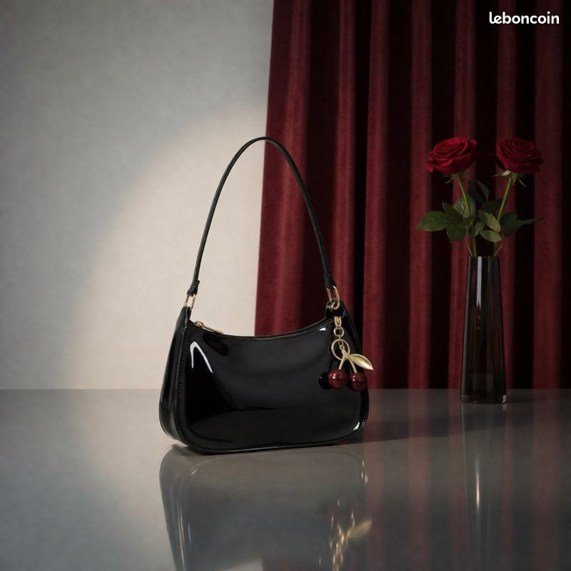 Sac baguette noir vernis + pendentif cerises 🍒tendance Y2K femme (image 2)