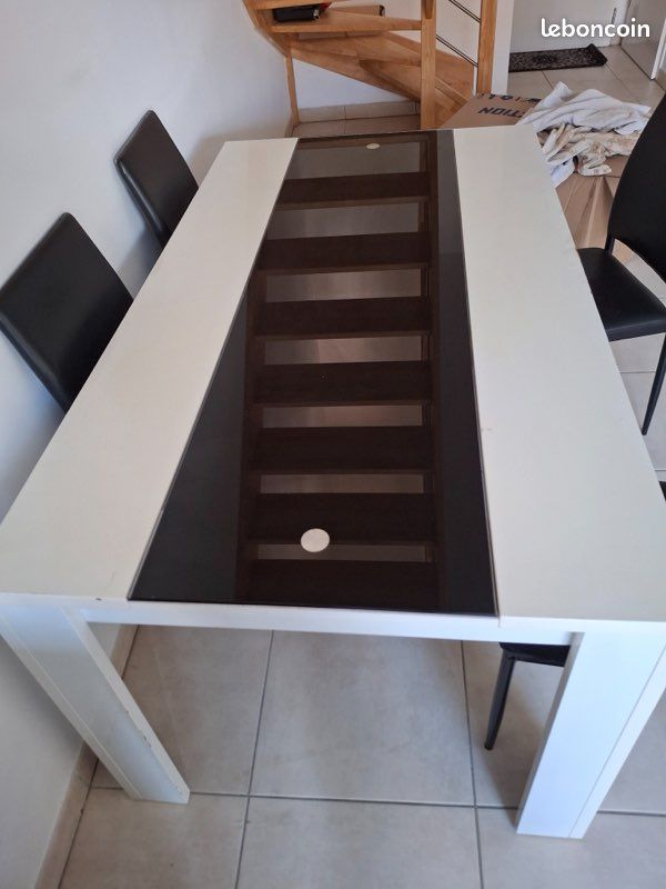Table de salle à manger – Bois blanc & verre noir (image 2)