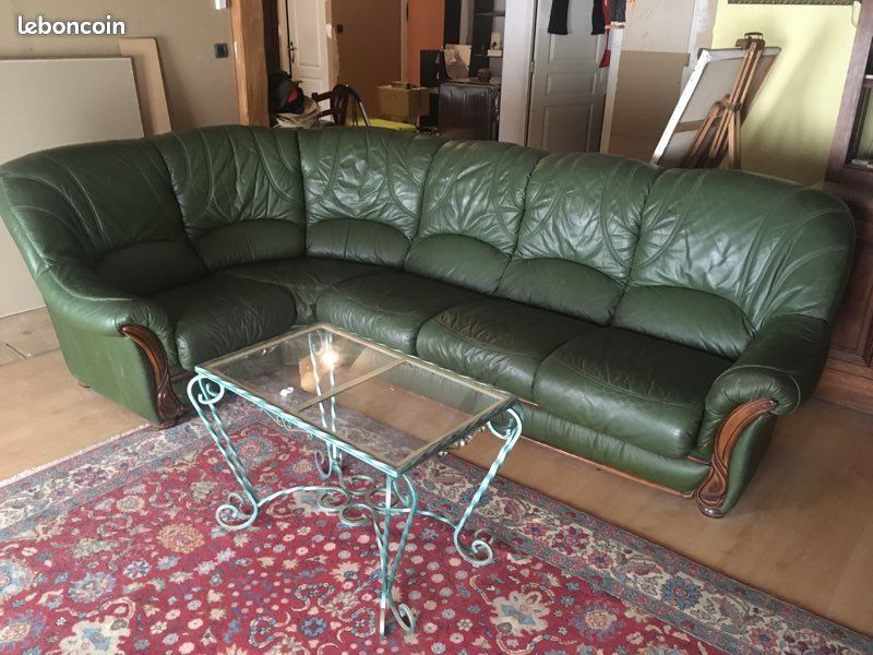 Canapé d’angle cuir vert (image 1)