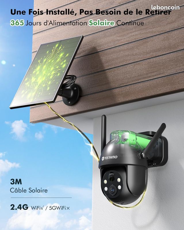 YESYAMO 2K Camera Surveillance WiFi Exterieure Sans Fil Solaire,2.4GHz Camera Exterieur Solaire Avec Panneau Solaire,360° PTZ,Vis - Bricolage