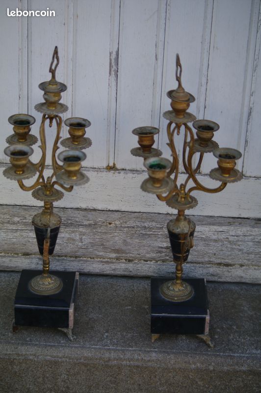 Paire de chandeliers anciens métal doré et marbre (image 4)