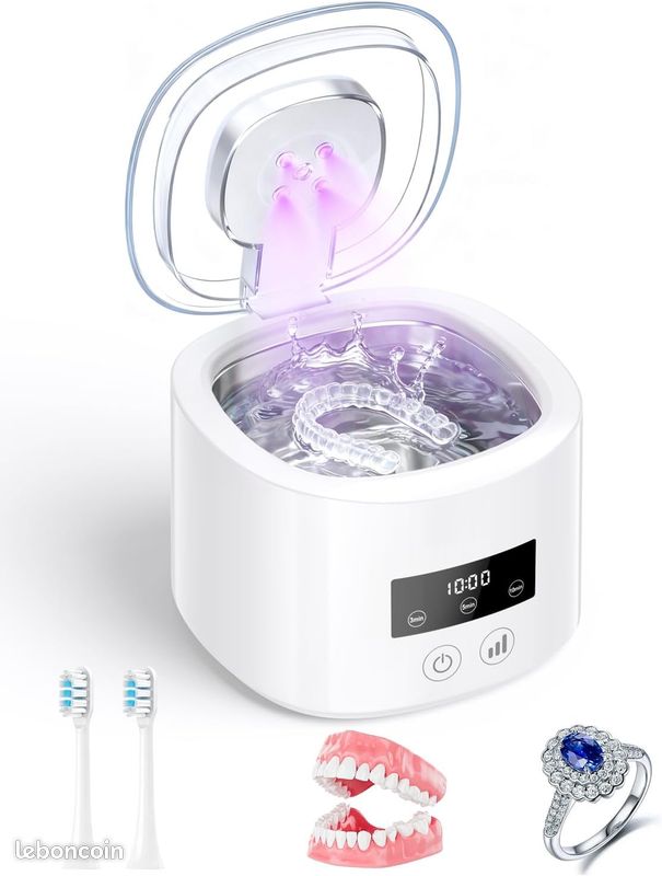 50000Hz Nettoyeur Ultrasons,Ultrasonic Cleaner avec 4 Lampe UV,3  Modes,Affichage numérique HD,230ML Portable Pod Dentaire pour  Prothèses,Gouttière Dentaire,Retainer,Bijoux,tête de brosse etc,Blanc