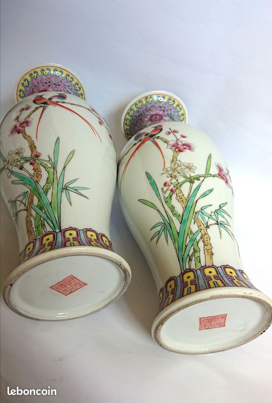 Ancienne Paire de Vases Chinois en Porcelaine - Milieu XXème (image 3)