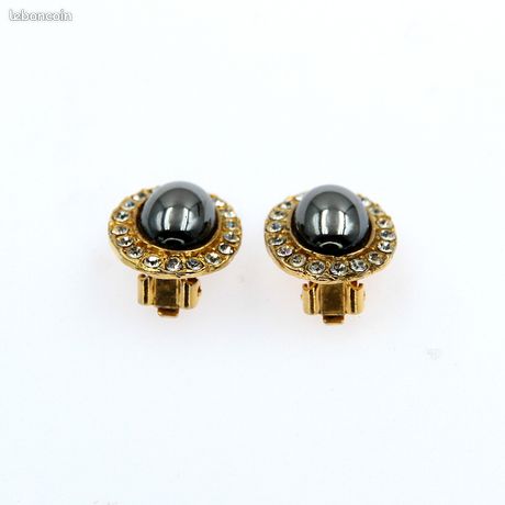Boucles D'oreilles Vintage Bouton – Noir Et Or – Réf 4617
