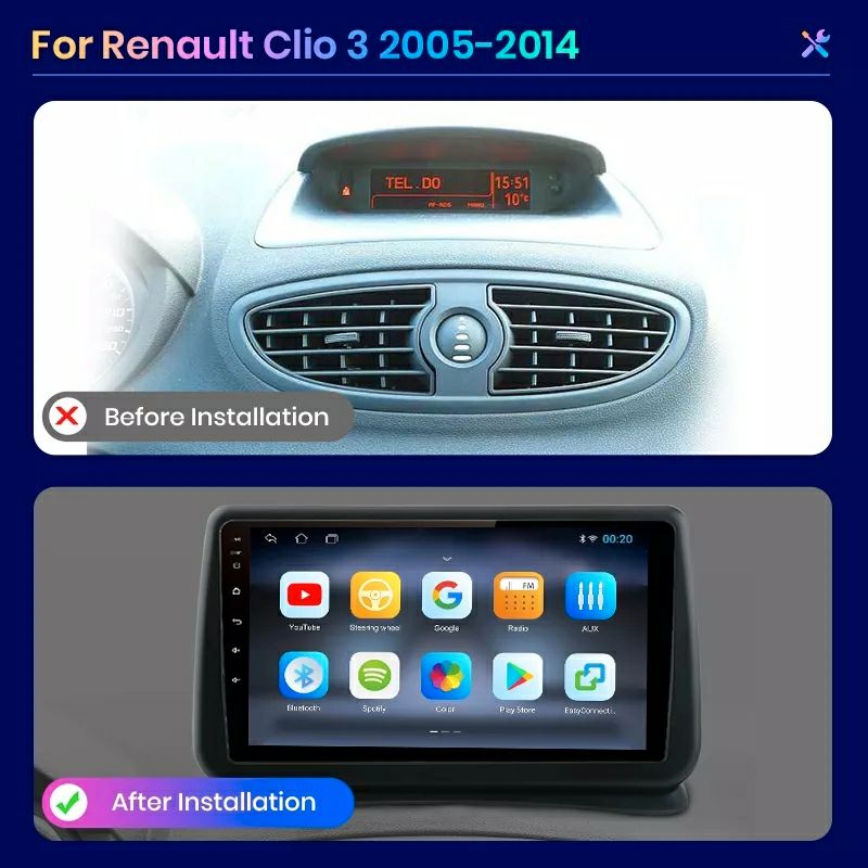 Autoradio GPS Renault Clio 3 2005 à 2014 Android 12 avec Carplay