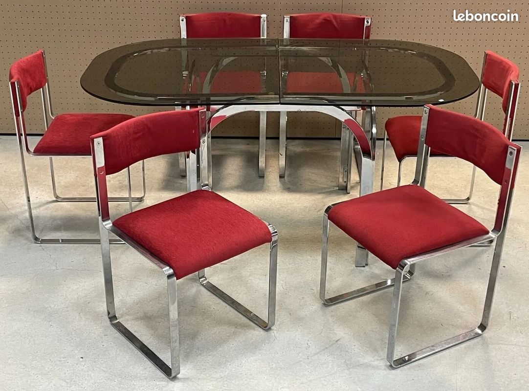 Grande Table Ovale Vintage 70's En Verre Et Acier