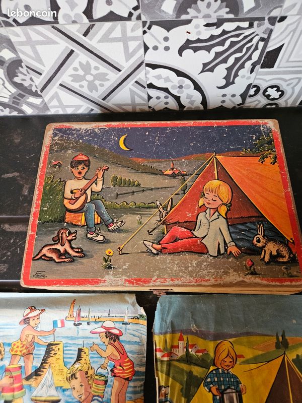 Jeu De Cubes Ancien 'Jeu Des Comptines' C.1930 - Jouet Vintage En Bois Enfantina - À Restaurer