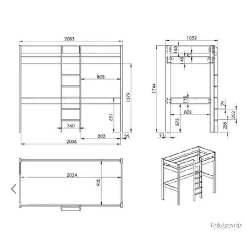 Lit mezzanine avec bureau (+ armoire avec miroir + meuble rangement sous le bureau) (image 7)