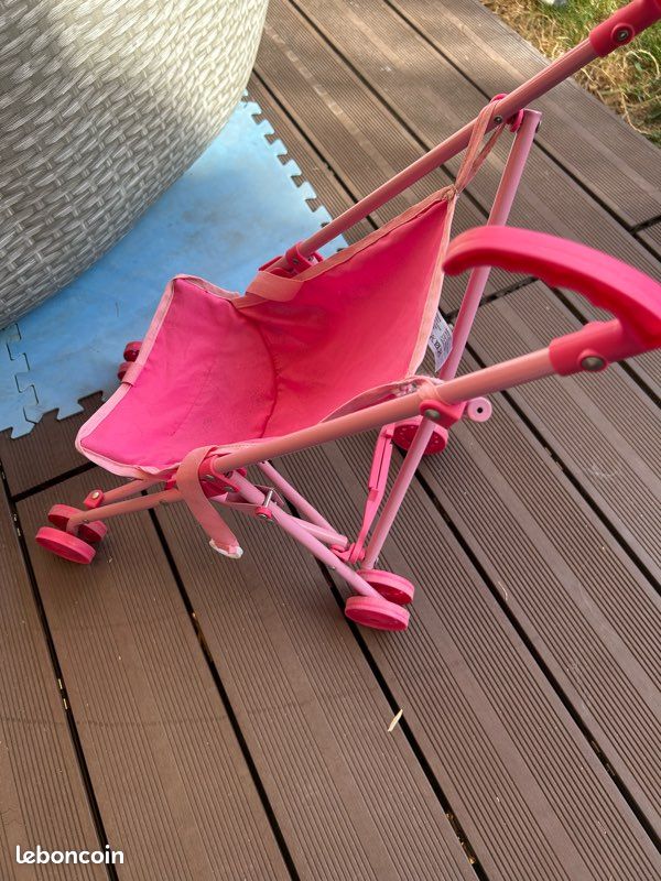 Poussette Canne Pour Poupée Rose – 60x48 Cm, Pliable, Capote, Roues Caoutchouc, Harnais, Jeu De Rôle