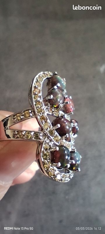 Bague En Argent Massif 925 Avec Opales Noires Naturelles - Taille 60 - Neuf Sans Emballage