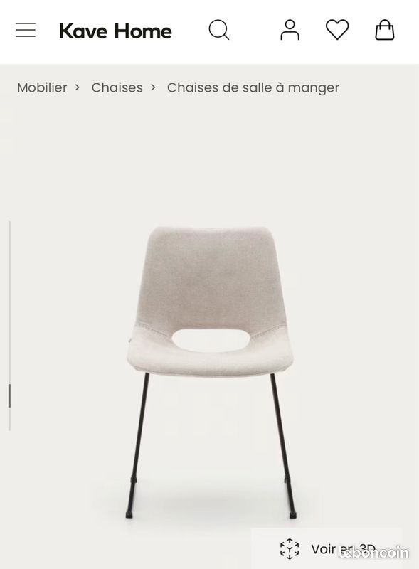 Vends 4 chaises Kave Home neuves - Pieds noirs + dossier en tissu texturé beige avec surpiqûres beiges (image 9)