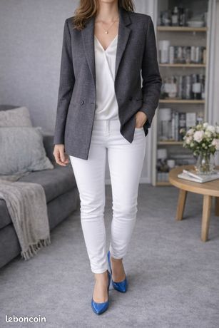 Blazer Les Copains Haut De Gamme - Laine Fine Stretch Gris Et Blanc Rayé - Taille 48 (14) - Occasion Excellent État