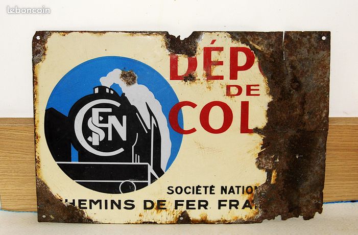 Ancienne Plaque émaillée SNCF - 1930/1940 - Triangulaire - Train Signalétique