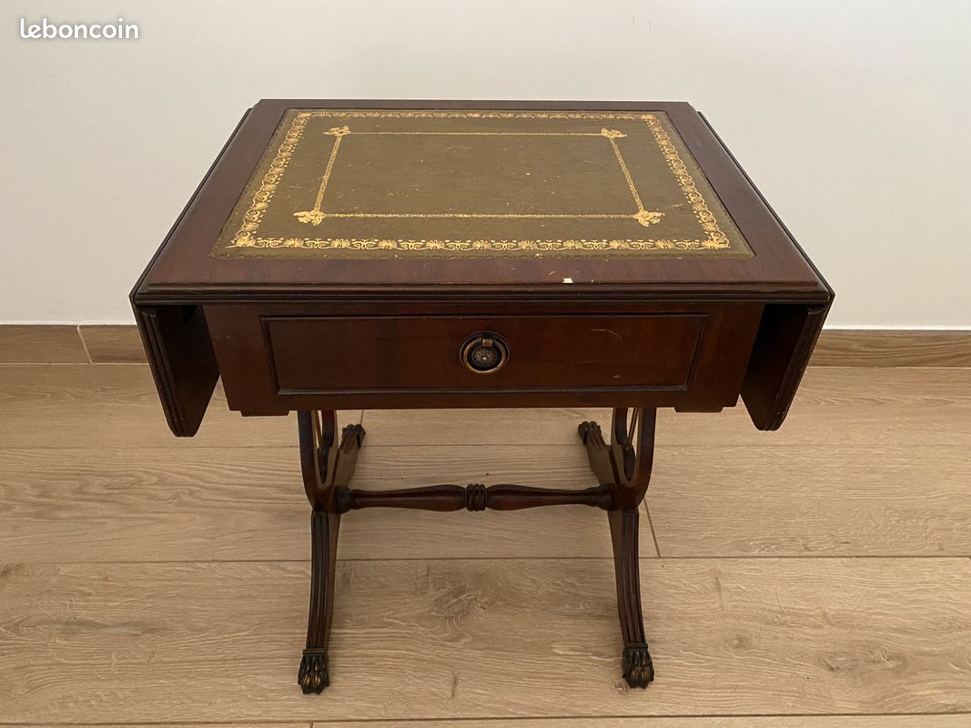 Petite Table Bois et Cuir à rabats style victorien (image 1)