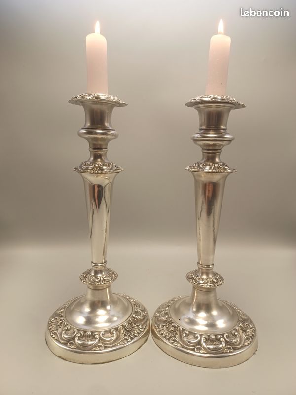 Paire De Bougeoirs Art Déco Vintage En Métal Argenté - Fabrication Française