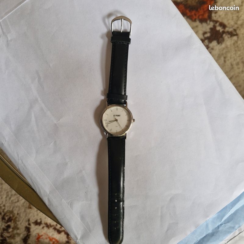 Montre à Quartz Publicitaire Le Point - Cadran Blanc, Bracelet Cuir - Occasion, Fonctionne
